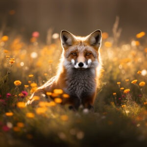 A majestic red fox sitting in a meadow filled with vibrant wildflowers, with the sun setting behind them casting a warm golden glow