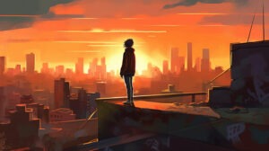 In a bustling cityscape, a rebellious teenager stands atop a rooftop, gazing out at the glittering skyline as the sun sets, a cool breeze tousling their hair, wearing a stylish leather jacket and holding a skateboard, capturing the youthful spirit of the scene through a bold and colorful graffiti mural, Illustration, digital art