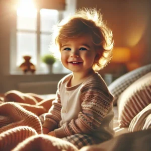 a happy toddler sitting up in bed