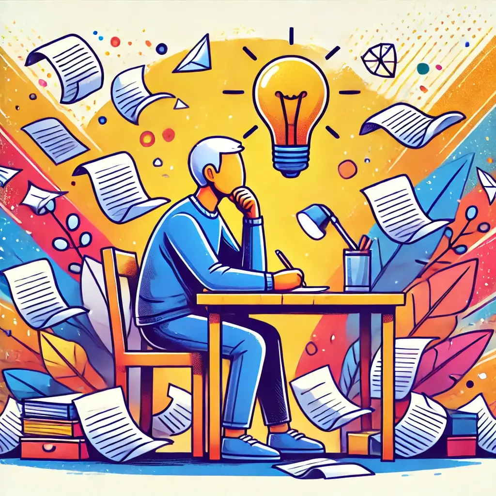 Illustration of a person at a desk, surrounded by scattered papers symbolizing ideas and mistakes, with a light bulb above their head representing insight and growth through self-reflection and independent thinking