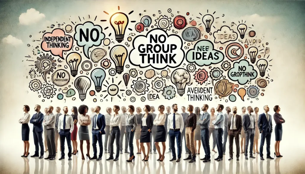 onceptual image showing diverse individuals with unique thought bubbles above their heads, symbolizing independent thinking, diversity in thought, and the avoidance of groupthink, against a light, abstract background.