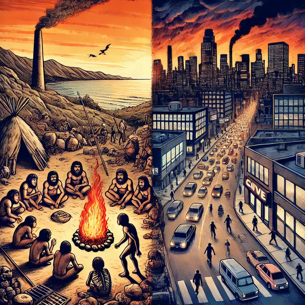 illustration, depicting the evolutionary roots of human behavior with a contrast between an ancient tribal gathering and a modern, industrial cityscape.