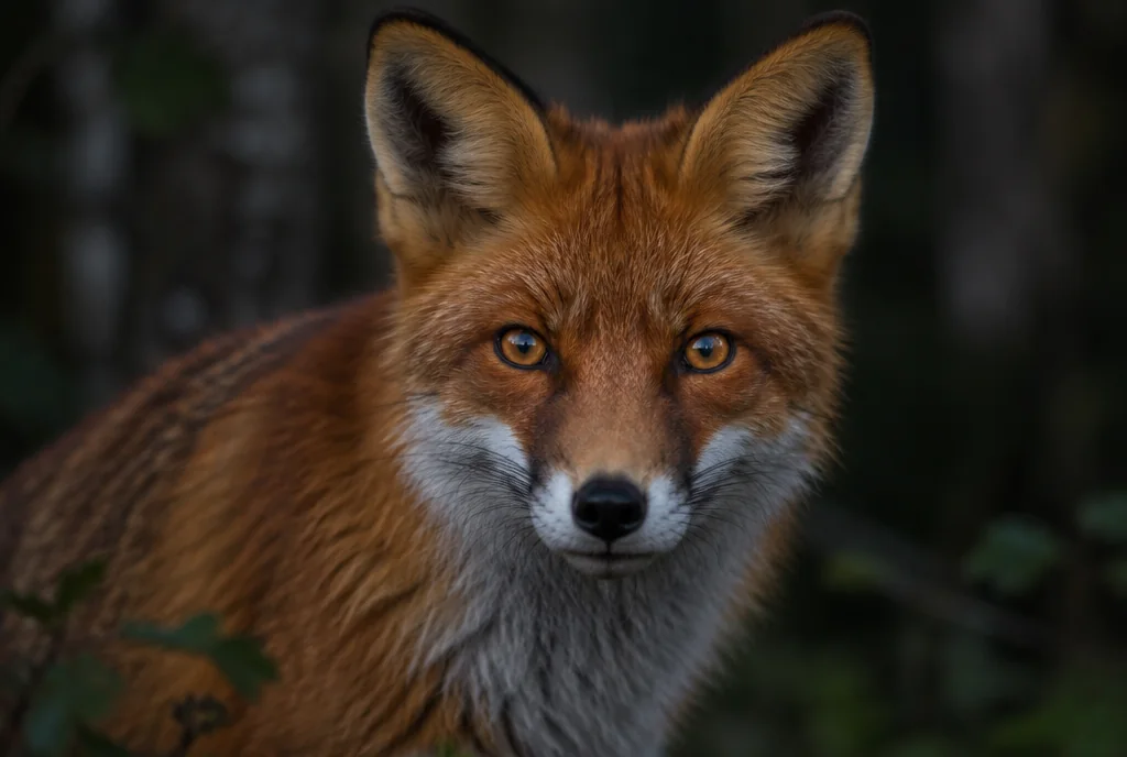 Portrait of a red fox with amber eyes in low light