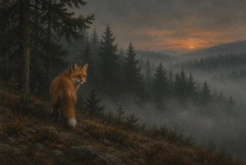 A red fox on a forested hillside at dusk, looking back over its shoulder