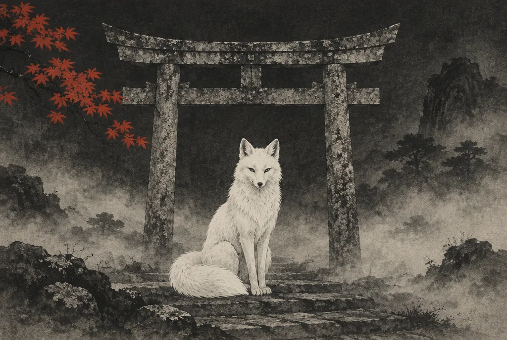 A white fox seated in front of a stone torii gate in mist, in the style of a Japanese ink print